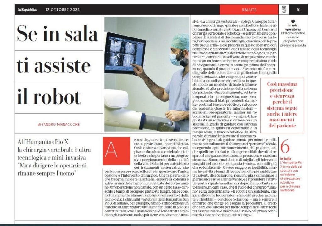 Immagine della pagina con l'articolo sulla chirurgia vertebrale robotica pubblicato su Repubblica Salute e con un'intervista a Giuseppe Sciarrone