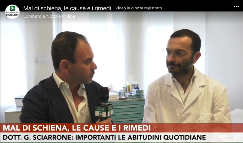 fermo immagine dell'intervista in video rilasciata dal neurochirurgo Giuseppe Sciarrone a Lombardia Notizie sul tema del mal di schiena